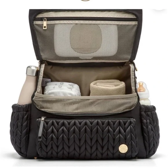 HAPP Levy Elegant Black Gold Trim Quilted Baby Shoulder Bag convertible Backpack - Picture 13 of 16